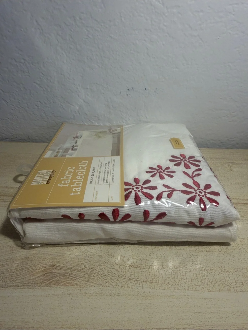 Martha Stewart  Daisy Garland Tablecloth - Cream with Red Embroidery 60inx84in